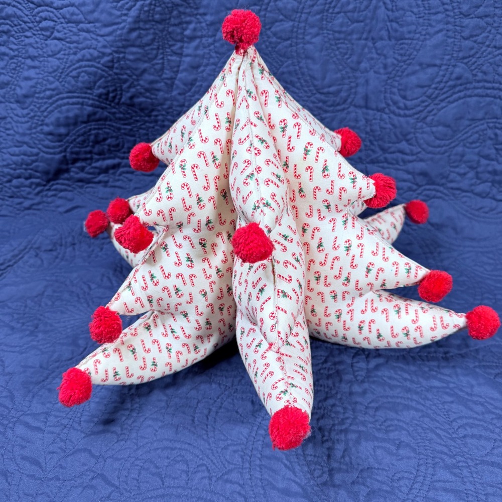 Handmade Christmas Tree Candy Cane Print Red Pom Poms Tabletop Decor 10in Read - Picture 3 of 6
